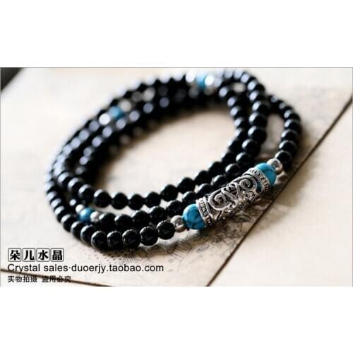 Genuine black Obsidian stone needle bracelet silver necklace bracelets fashion woman 108 beads mala Tibetan meditation jewelry