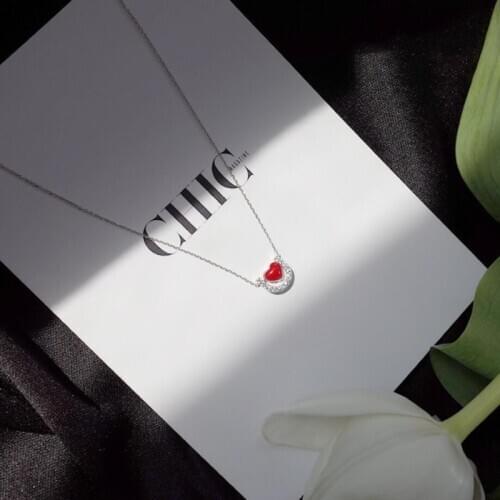 Red Heart Shining U Shape Pendant 925 Sterling Silver Clavicle Chain Temperament Personality Trendy Female Necklace SNE223