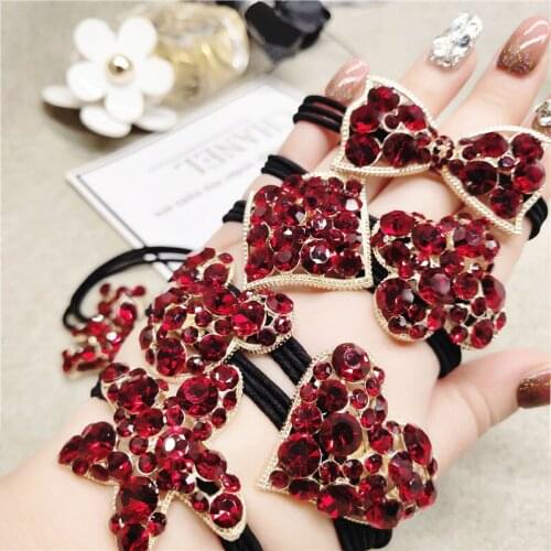 Bohemian Red Crystal Hair Accessories Elastic Hair Bands Solid Color Red Rhinestone Bear Star Hair Ties Ropes Headband Wholesale