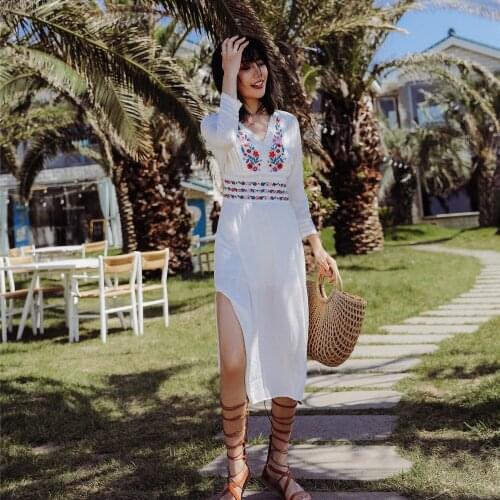 Luxury White Women Dress Three Quarter Sleeve Flowers Embroidery Side Split Sexy Beach Dress Ethnic Style Ladies V-neck Dresses