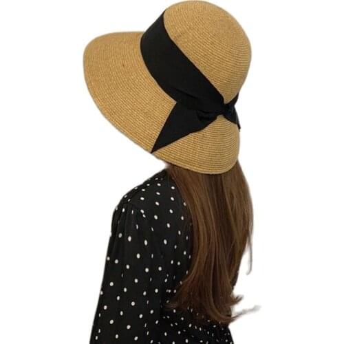Summer Nature Raffia Straw Hat for Women Holiday Girl Ladies Bow Ribbon UV Protection Sun hat Visor Caps Beach Panama Large brim