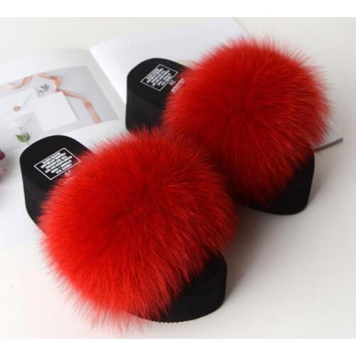 Natural Fur Slippers Women Fox Home Fluffy Sliders Comfort With Feather Furry Summer Flats Raccoon Ladies Shoes 7 cm height Home