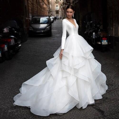 YIWUMENSA Illuion Nude Tulle Back Bridal Gowns Tiered Organza Puffy Women Marriage Bride Long Sleeves Wedding Dresses Plus Size