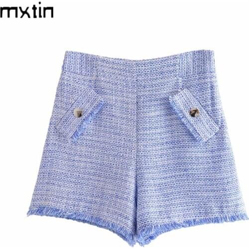 MXTIN 2021 Women Summer Fashion Frayed Buttons Fly Side Pockets Shorts Vintage High Waist Zipper Office Lady Female Short Mujer