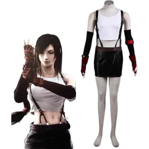 Sexy Girls Mini Skirt Tifa Cosplay Costume Final Fantasy VII Cosplay Black Leather Skirt Set with Suspenders Women Pluse Size