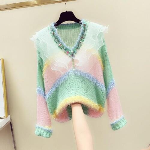 Korobov Korean Sweet Diamonds Embroidery Women Sweaters Japanese V Neck Long Sleeve Sueter Mujer Autumn Hit Color Pullovers