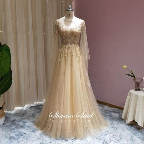Luxury Gold Arabic Evening Dress with Cape Sleeve Beaded Crystal Dubai Women Prom Formal Dresses for Wedding Guest Party Gowns