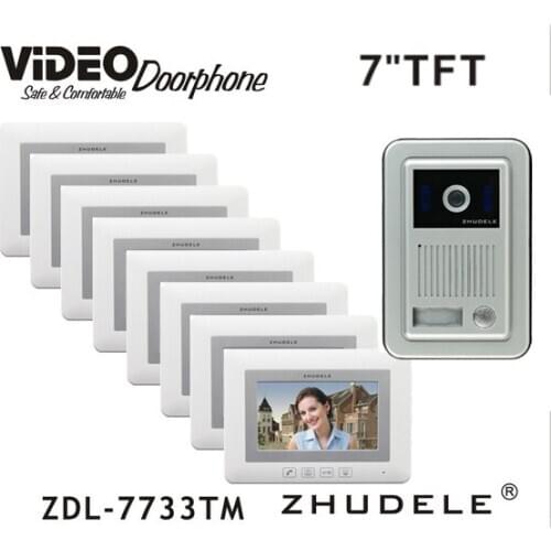 ZHUDELE 1Camera+8Monitors 7" LCD monitor Speakerphone Home Intercom System Color Video Door Phone Doorbell support CCTV Camera