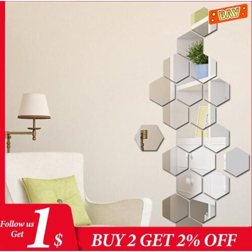 12PCs/Set Hexagon Mirror Sticker Acrylic Wall Decoration Home Decoration Accessories for Living Room Wallpaper Stickers