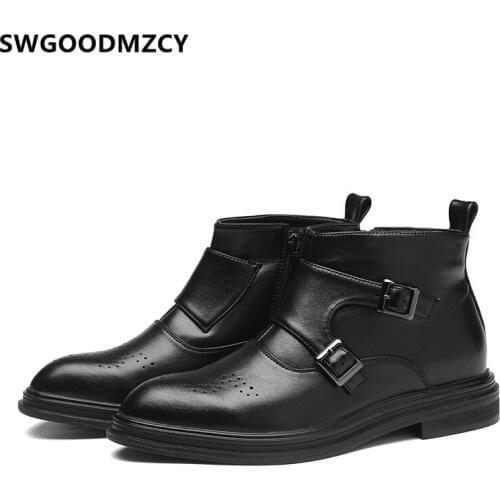 Leather Boots Men Coiffeur Mens Dress Boots Brogue Shoes Men Ankle Boots Italian Brand Double Monk Strap Shoes Chaussure Homme