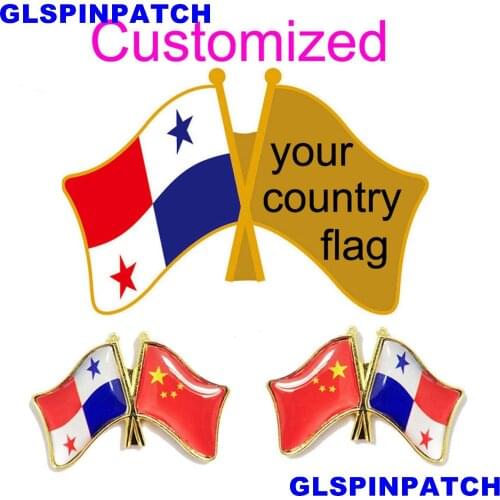 Panama Crossed Friendship Flag Double Country lapel pin Brooch USA UK France Chile Russia Saudi Arabia Japan Spain Badge