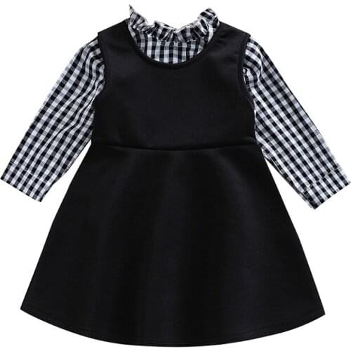 1-6Y Toddler Kids Baby Girl Long Sleeve Pullover Plaid Shirt Tops O-Neck Princess Dress 2PCS Outfits Spring Autumn Clothes Set
