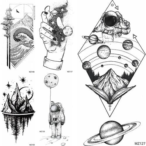 Geometric Planets Mountain Temporary Tatoo Sticker Black Fake Wave Astronaut Tatoo For Women Men Body Art Waterproof Tatoo Decal