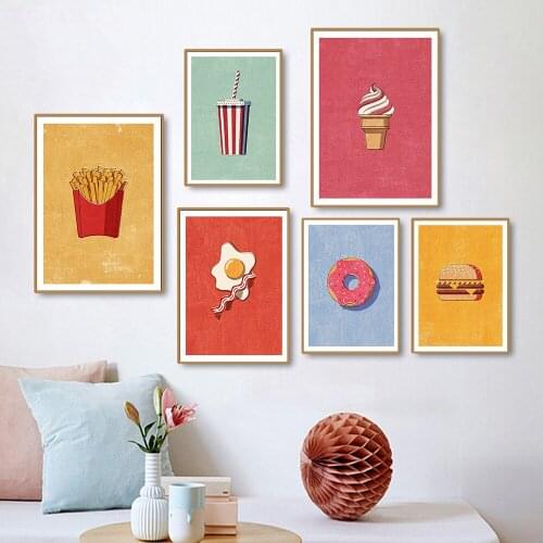 Egg Bacon Fries Hot Dog Burger Donut Wall Art Canvas Painting Nordic Posters and Prints Wall Pictures for Living Home Decoration