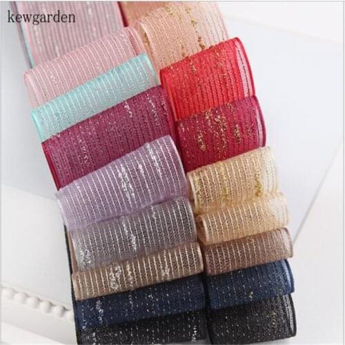 Kewgarden Stripe Gold Silk Chiffon Ribbons 1-1/2" 1" 5/8" 3/8" DIY Bowknot Satin Ribbon Handmade Tape Accessories Riband 100y
