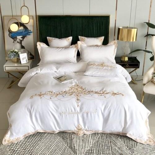 White Premium 60S Satin Washed Silk Cotton Exquisite Gold Embroidery Bedding Set Duvet Cover Bed Linen Fitted Sheet Pillowcases