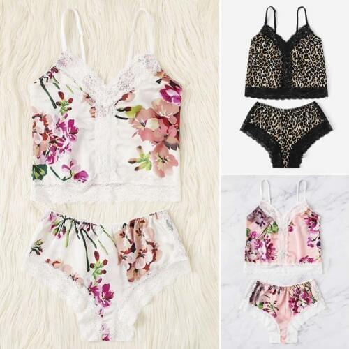 2PCS Summer Women Lingerie Set Sexy Pajama Sets Satin Silk Spaghetti Strap Sleepwear Deep V neck Sling G-string Panties set