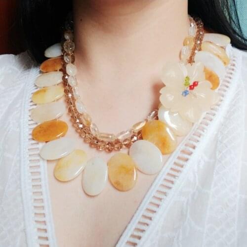 Lii Ji Yellow Statement Necklace Citrine Crystal Jade Flower 3 Rows with Shell Toggle Clasp 48cm Women Necklace Jewelry