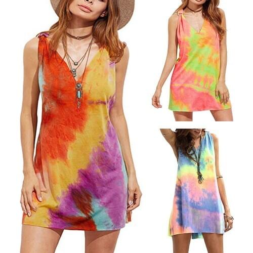 Sexy Women Tie Dye V Neck Sleeveless Cross Back Loose Party Beach Mini Dress suitable for party banquet work