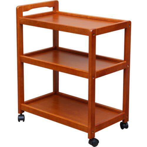 Solid Wood Movable Dining Car Multi-function Tea Cart Household Kitchen Shelf Wine Cart Three-storey Trolley Dining Side Car