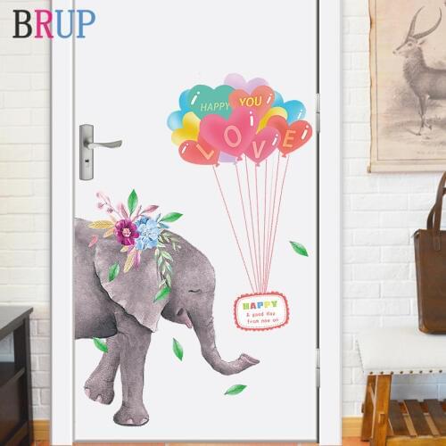 Cartoon Lovely Elephant Wall Stickers Colorful Balloon Door Sticker Art Vinyl Home Decor for Kids Room Animals Room Decoration