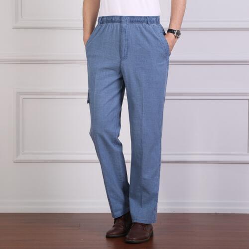 Mens casual pants fitness straight linen long trousers plus size 2019 spring summer elastic waist jeans blue cargo slacks