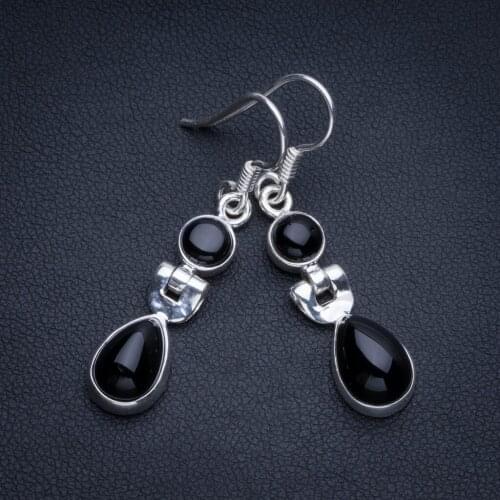Natural Black Onyx Bohemian 925 Sterling Silver Drop Earrings 1 1/2" R2224