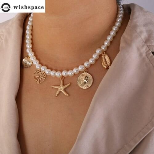 Wishsapce, exaggerated beach wind love shell sea pearl necklace choker fashion women party gifts
