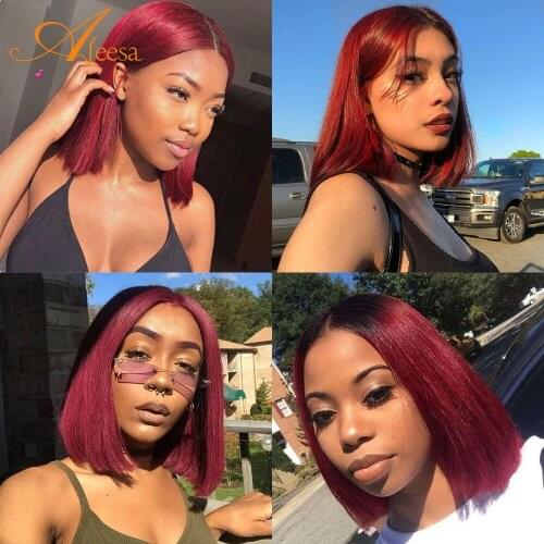 ALEESE Short Bob Wig 99J Red 4X4 Lace Front Human Hair Pre-Plucked Hairline Swiss Lace Straight Wigs Bob Lace Closure 8"14inches