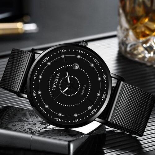 Luxury Fashion Luminous Starry Sky Rhinestone Digital Calendar Dial Quartz Mesh Band Mens Wrist Watch Relogio Masculino Montre