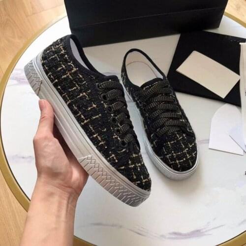 Spring 2021 New Tweed Round Head Lace Up Flat Sports Shoes Ladies Fashion Loafers Black Womens Casual Shoes Flats Zapatos Mujer