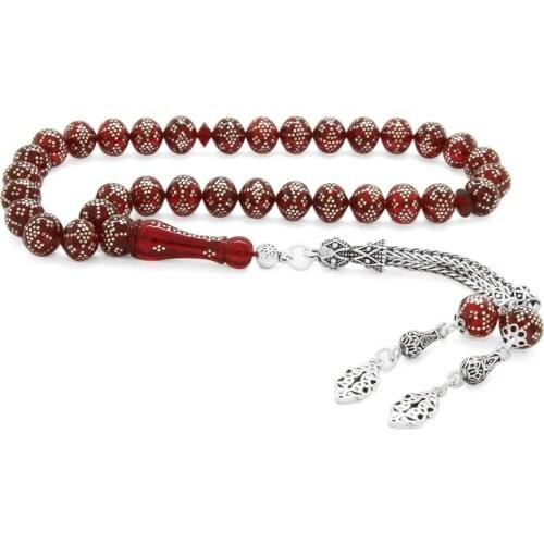 Tesbihane 925 Sterling Silver Tassels Dense Silver Embroidered Sphere Cut Squeezing Amber Prayer Beads