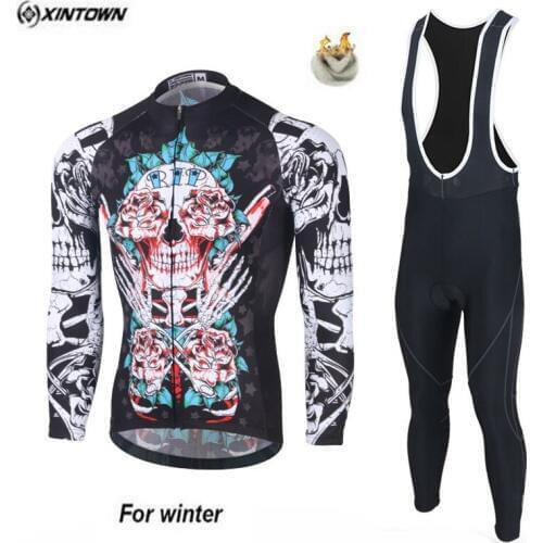 XINTOWN Mens Winter Thermal Fleece Long Sleeve Cycling Clothing Suit Ropa Ciclismo Bike Bicycle Jersey Bib Pants Sets Red Skull