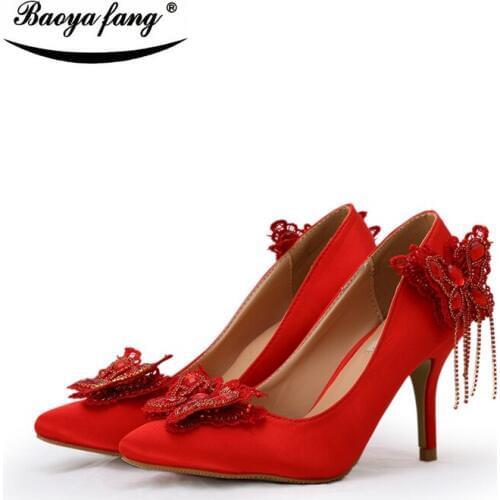 BaoYaFang Red Butterfly 8cm pointed toe woman shoes Bride wedding shoes Bridesmaid party dress shoes female shoes tassels