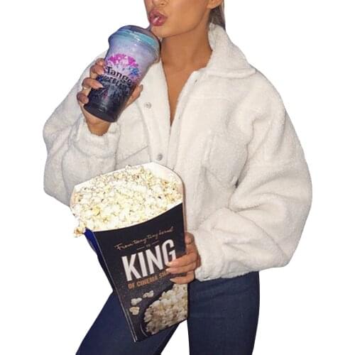 Women Solid Color Coat White Turn-down Collar Buttons Open Front Jacket with Pockets, S/ M/ L