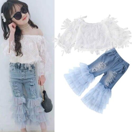 020 Baby Summer Clothing Toddler Baby Kids Girls Clothes Mesh Lace Tops Shirt + Ruffle Hole Denim Pants 2Pcs Outfits Set 1-6T