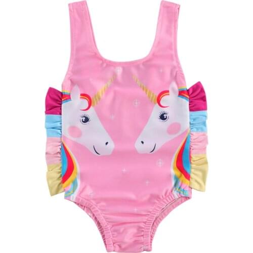 2021 Summer Swimsuit Children One-Piece Swimsuit Cartoon Horse Pattern Girls U-Neck Sleeveless Swimsuit Pink Bikini