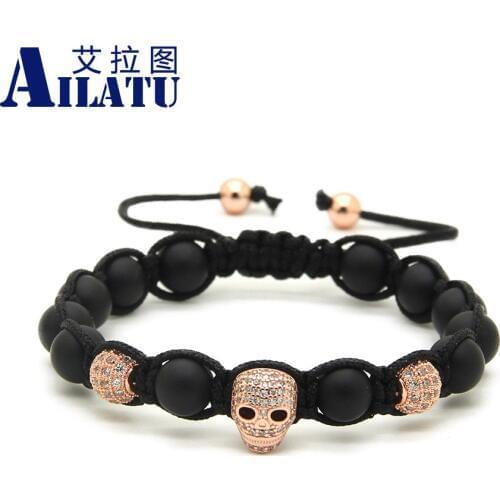 Ailatu 8mm Matte Stone Beads Clear Zircon Heart Skull Braided European American Style Tied Mens Bracelet Pulseira Hombres