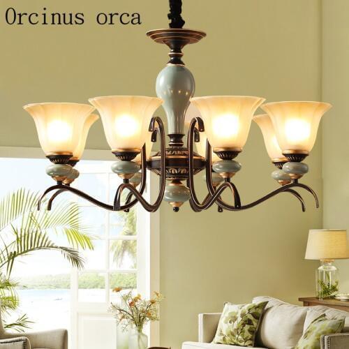 American luxury blue ceramic chandelier living room bedroom lamp European retro creative iron Chandelier free shipping