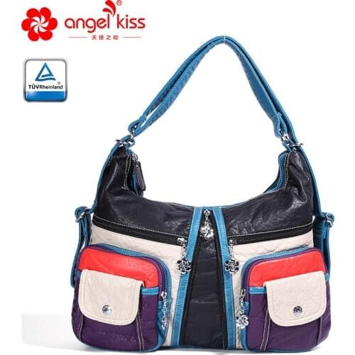 Angelkiss Brand Multi-Color Patchwork Women Handbag Washed Soft PU Material Lady Shoulder Bag Large Capacity Messenger Tote