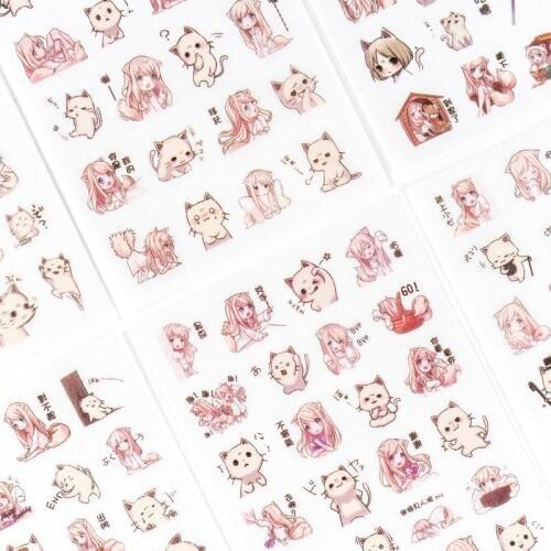 6 pcs/pack Cute Girls And Cat Paper Sticker Decoration Diary Scrapbooking Label Sticker Kawaii Korean Stationaries