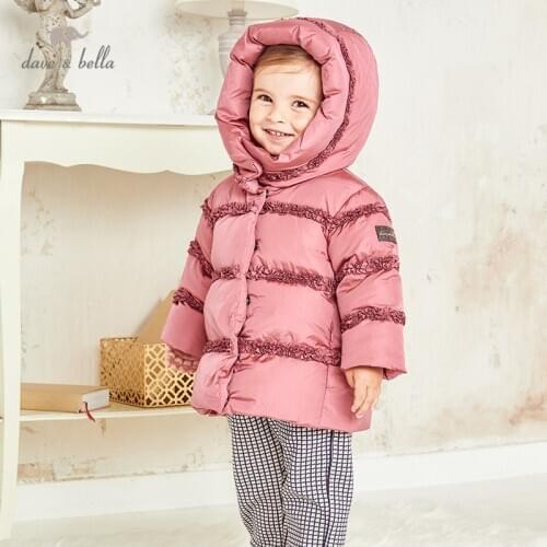 DB15321 dave bella winter baby girls fashion striped ruched hooded down coat children 90% white duck down padded kids jacket