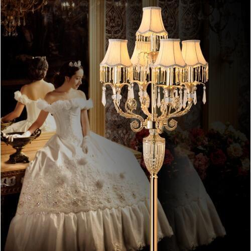 European Large led Floor Lamp Gold crystal candle holder Cloth shade 5-arm E14 Hotel Luxury study Crystal candlestick lamparas
