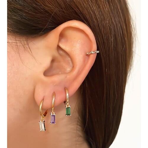 INS Hot 14K Gold Plated Rectangular Small Square Diamond Zircon Pendant Huggies Hoop Earrings Mini Ear Buckle Earring For Women