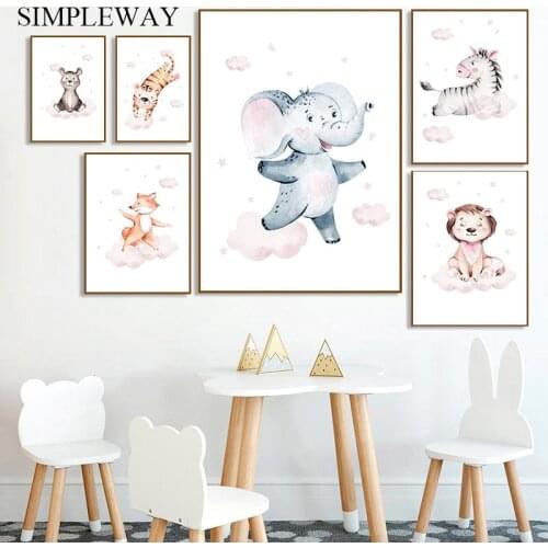Watercolor Woodland Animal Canvas Poster Cute Art Painting Lion Zebra Tiger Wall Print Nordic Kid Baby Room Decoration Picture