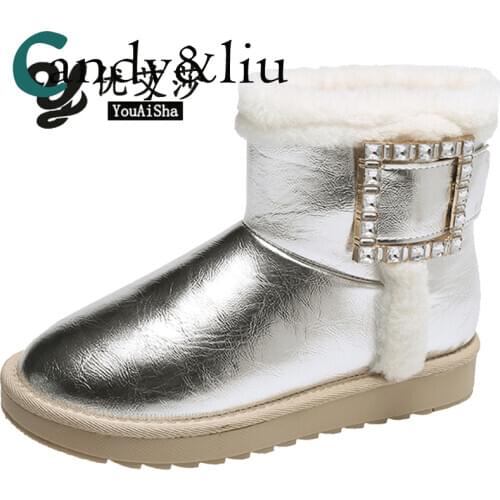 Fashion non-slip snow boots womens new winter plus velvet boots rhinestone square buckle thickened warm cotton shoes women