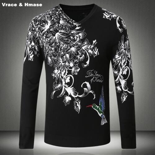 Chinese style flowers bird pattern printing fashion casual sweater Autumn&Winter 2017 New quality sweater men Black,White M-4XL