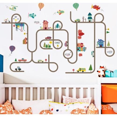 Cartoon Track Car Wall Stickers for Children Boy Bedroom Kindergarten Wall Decorations Self-Adhesive Decoration Art Mural
