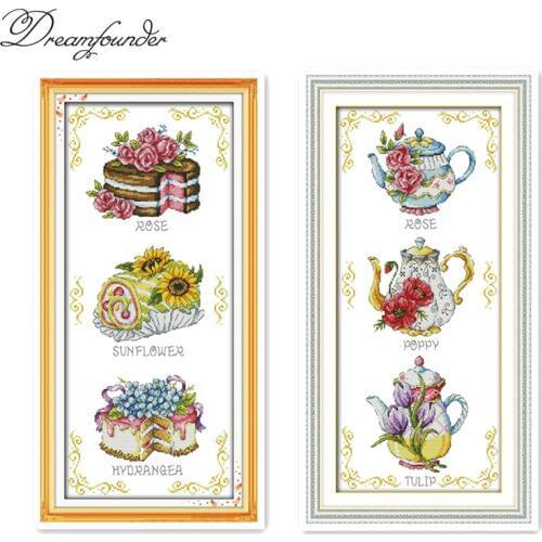 Flower cake teapot cross stitch kit counted white canvas fabric 18ct pre printed 14ct 11ct embroidery DIY handmade needlework