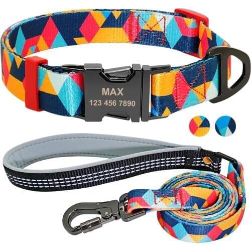 Nylon Dog Collar Leash Set Soft Personalized Dogs Collars Lead Padded with Safety Buckle for Small Medium Large Dogs Pet Pitbull